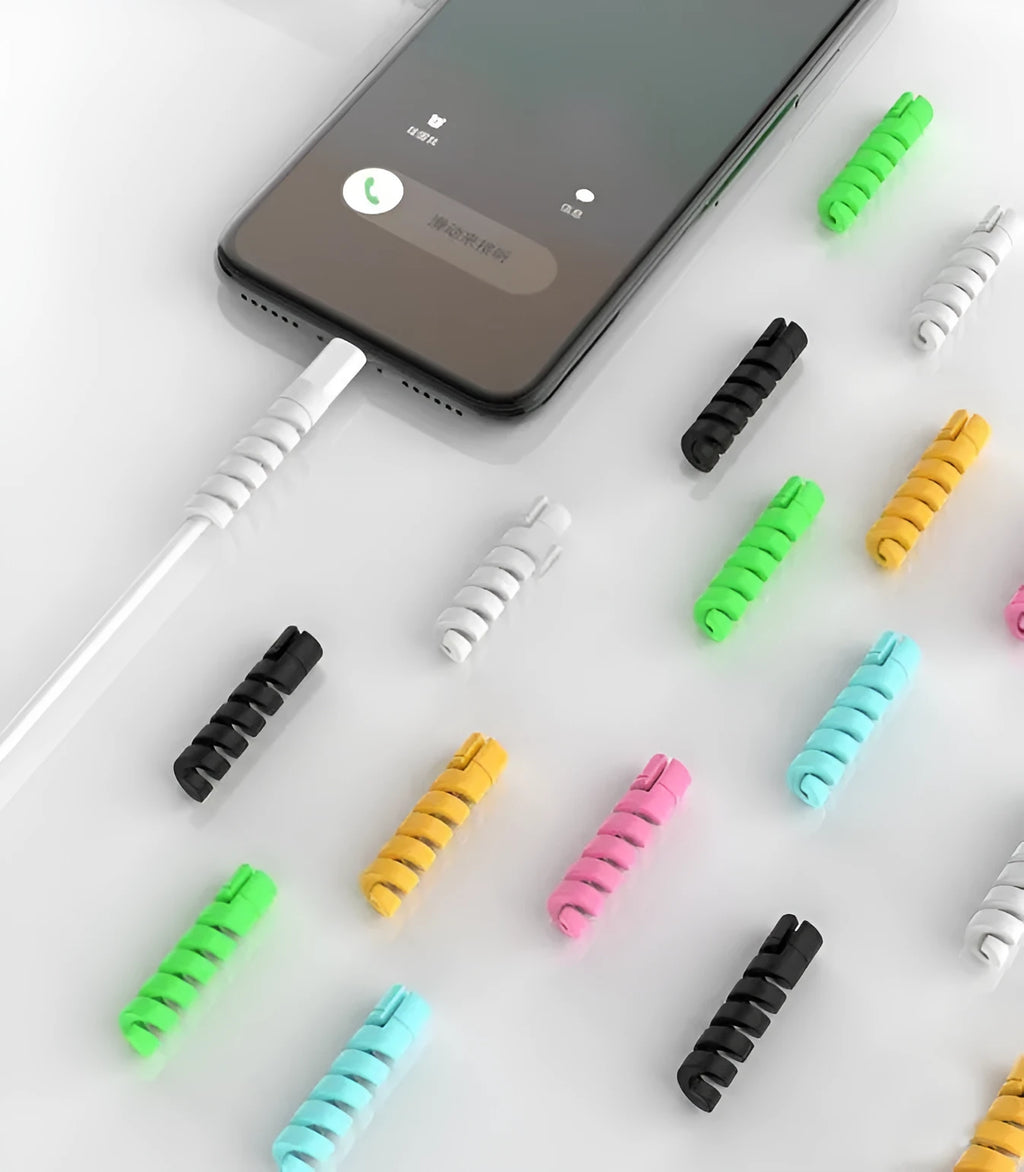 Plastic charging cable protector in various colours, showing its 3.5cm length.