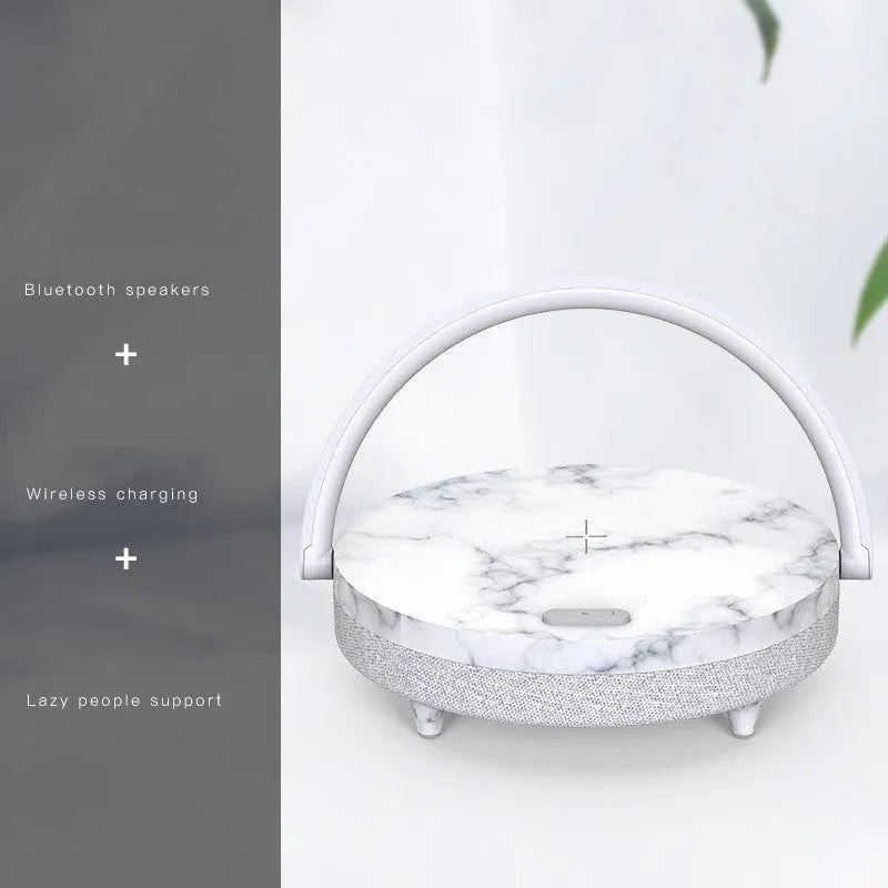 Wireless charging LED night light with Bluetooth speaker and mobile phone holder in marble pattern finish