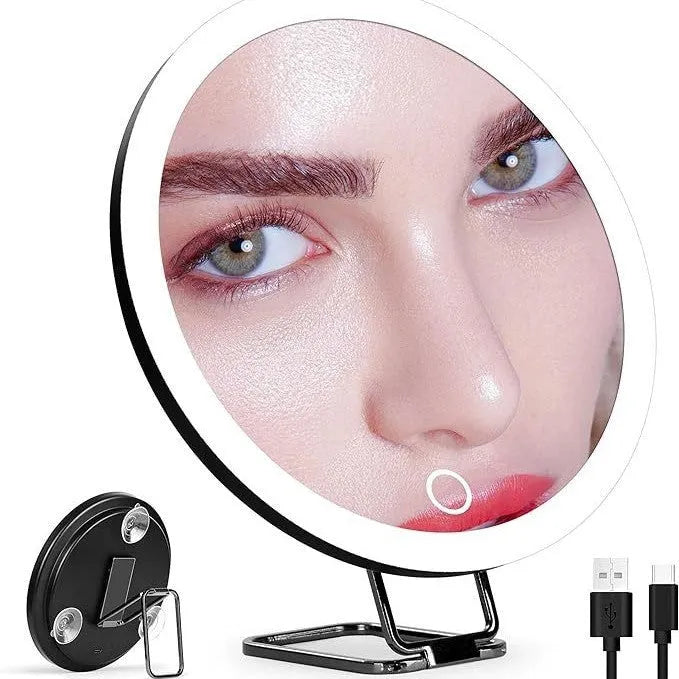 Charging LED fill light makeup mirror with rotating bracket, ABS frame, aluminium mirror lens, USB rechargeable, 15cm, white standing