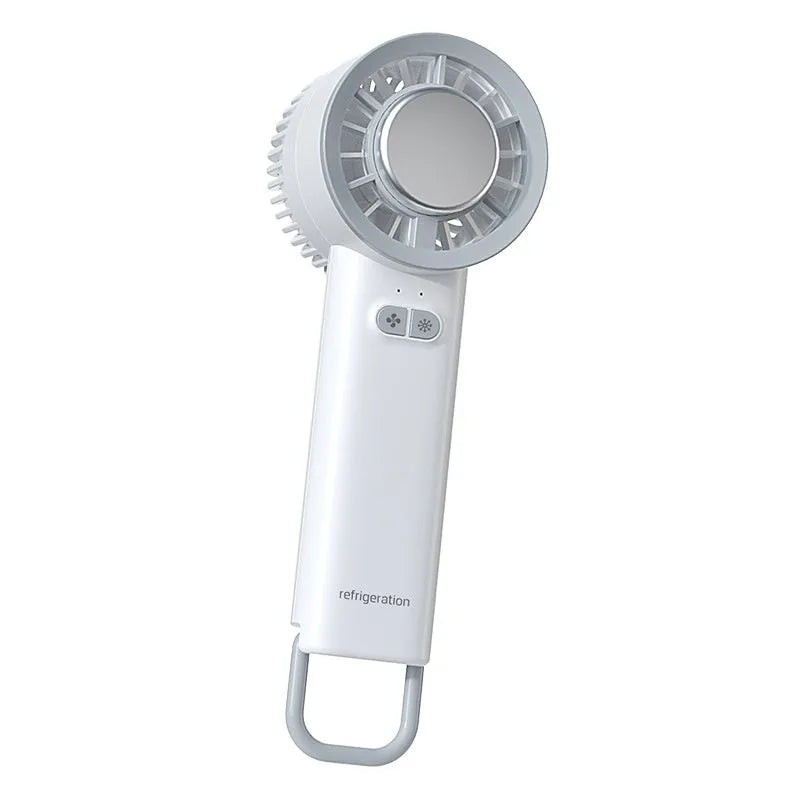 White handheld turbo jet fan with three blades, showing touch controls and compact portable design.