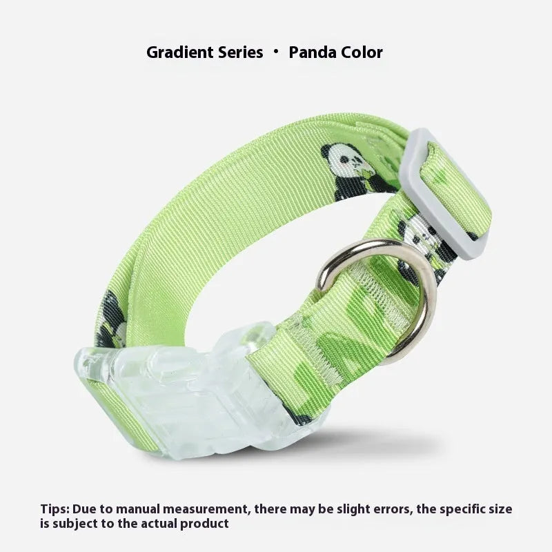 Adjustable nylon dog collar with colourful cartoon gradient print, shown in sizes for small to medium dogs.