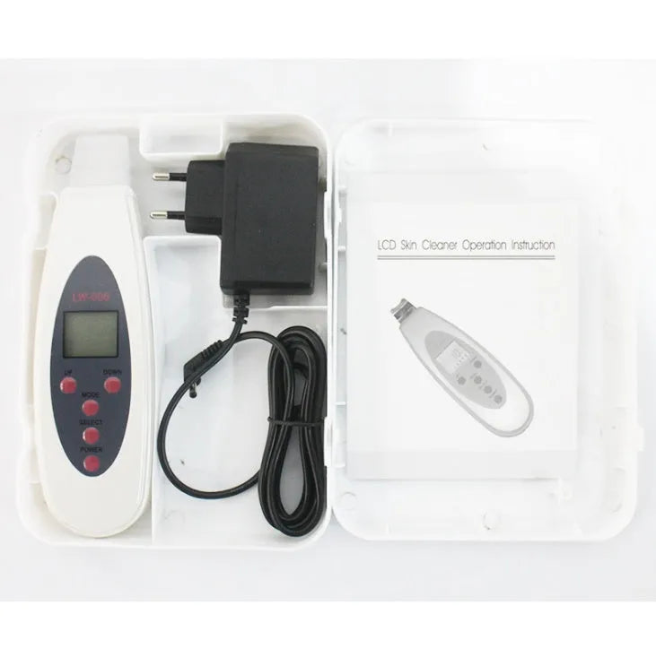 White ultrasonic skin cleaner with spatula probe, ABS body, 1.75m cable, for blackhead removal and facial cleaning