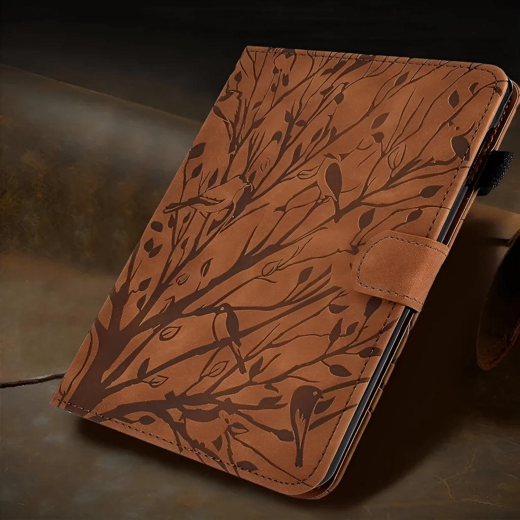 Imitation leather tablet protective case in black with a built-in viewing bracket, shown propped up.