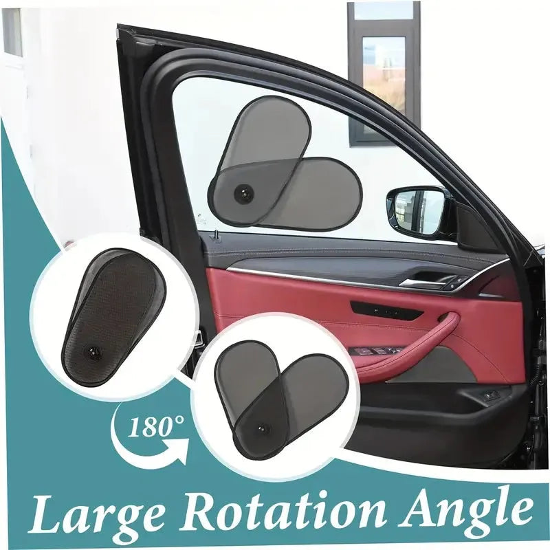 Black breathable car side window sunshade stretched over glass with suction cups.