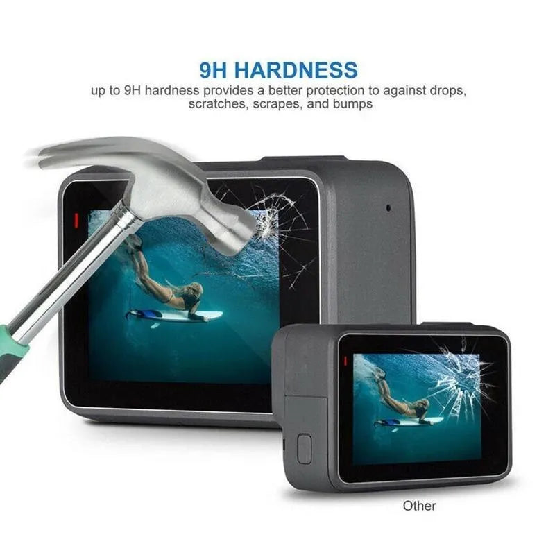 Transparent tempered glass screen and lens protector kit for GoPro Hero 5, 6, and 7 cameras.