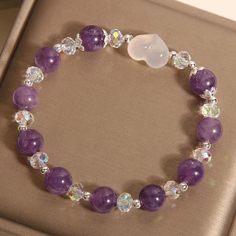 Natural amethyst bracelet with white agate love heart crystal beads light luxury women's accessory