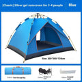 Blue 3-4 person automatic camping tent set up outdoors with rain and sun protection flysheet