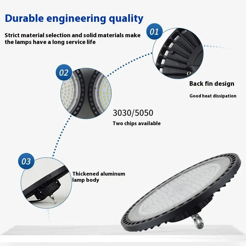 Waterproof UFO-shaped pendant lamp for industrial warehouse and factory lighting, white finish