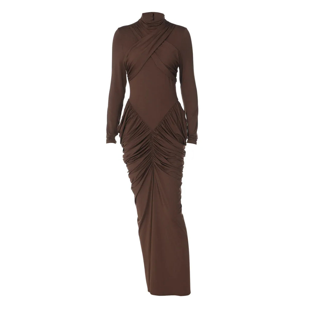Women's solid colour high neck long sleeve ruffle back bodycon dress in black, front view