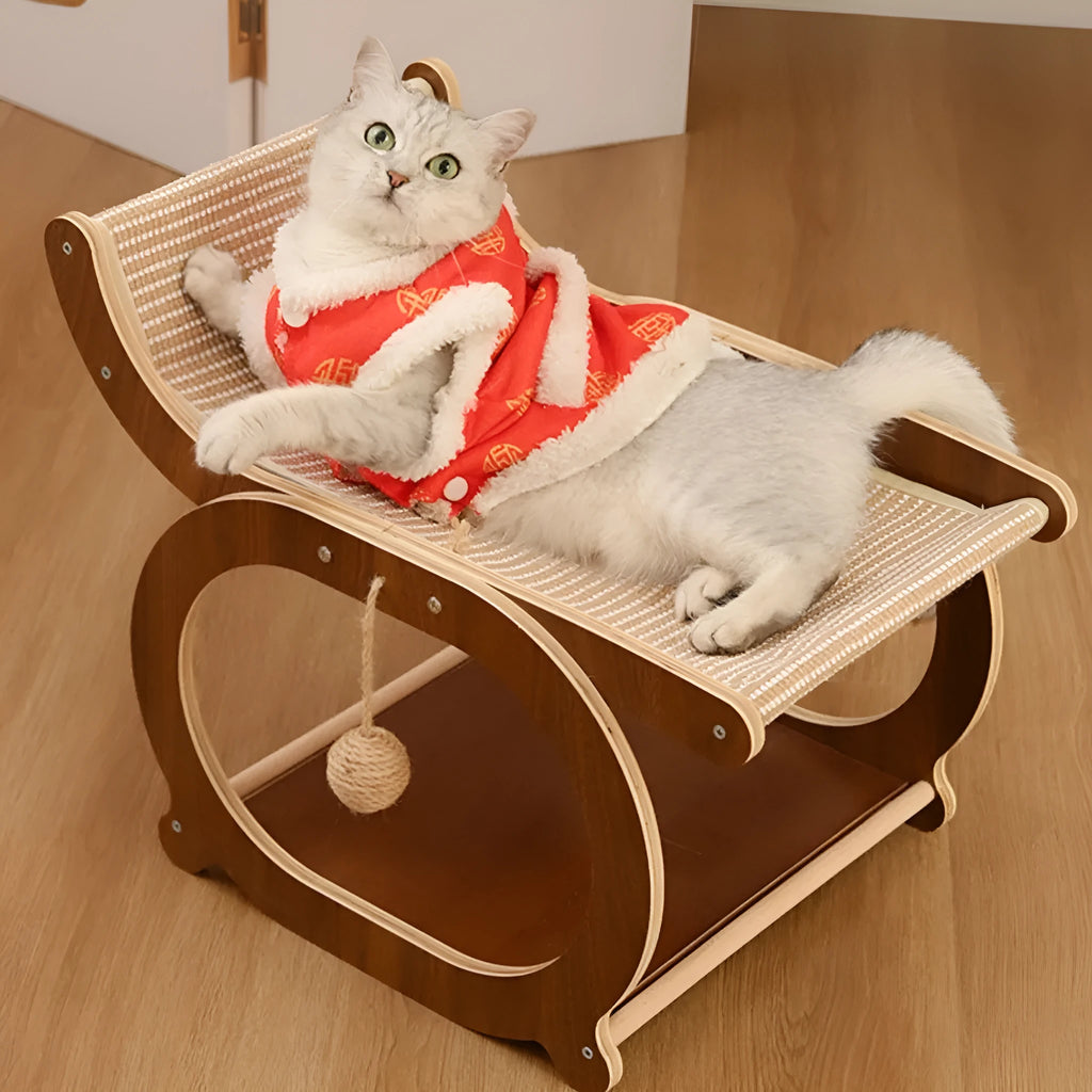 Solid wood sisal cat scratching mat and bed in walnut colour on a wooden floor.