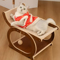 Solid wood sisal cat scratching mat and bed in walnut colour on a wooden floor.