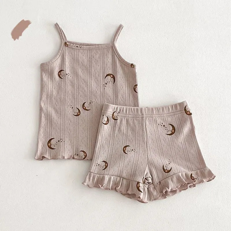 Girls' cotton camisole and shorts set in Pink Floret colour, sized 110cm height, on a plain background