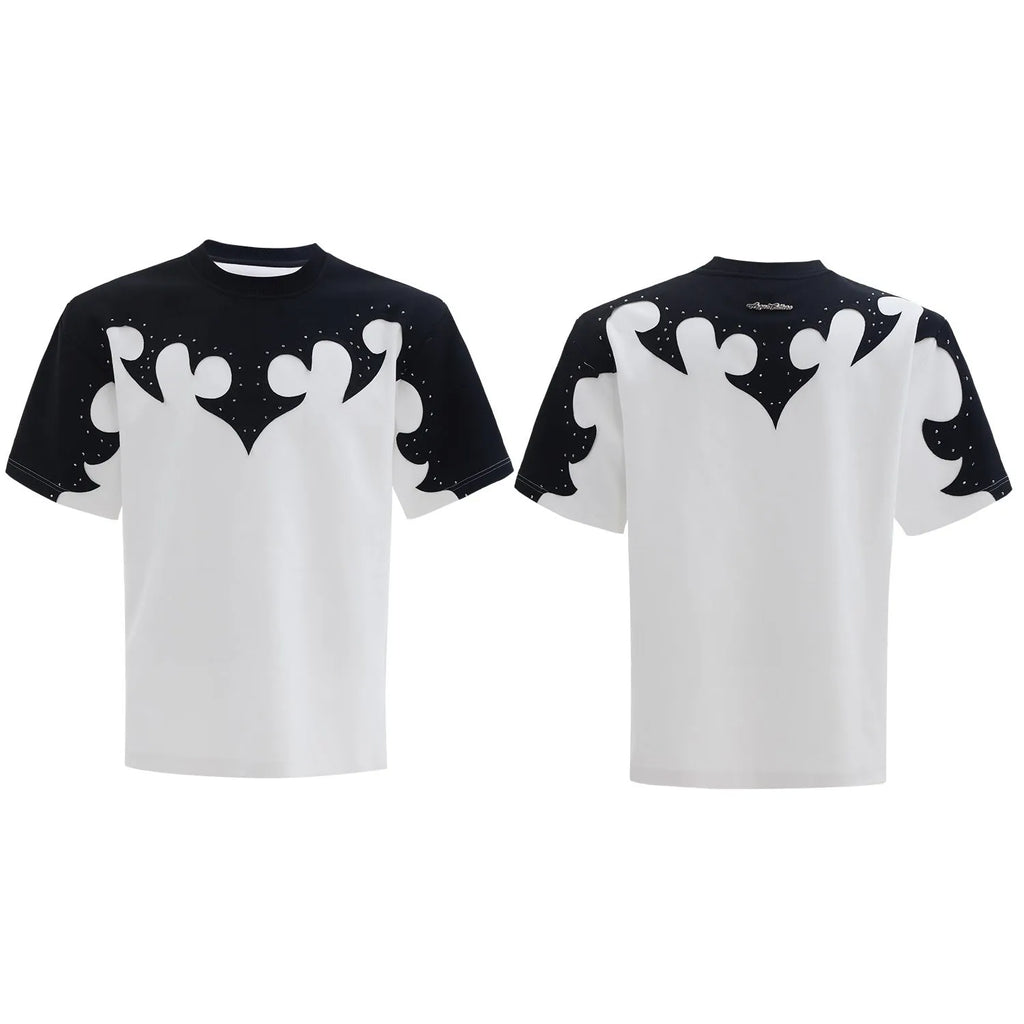 Men's grey loose fit cotton shirt with burnt flower stitching and rhinestone details on the front.