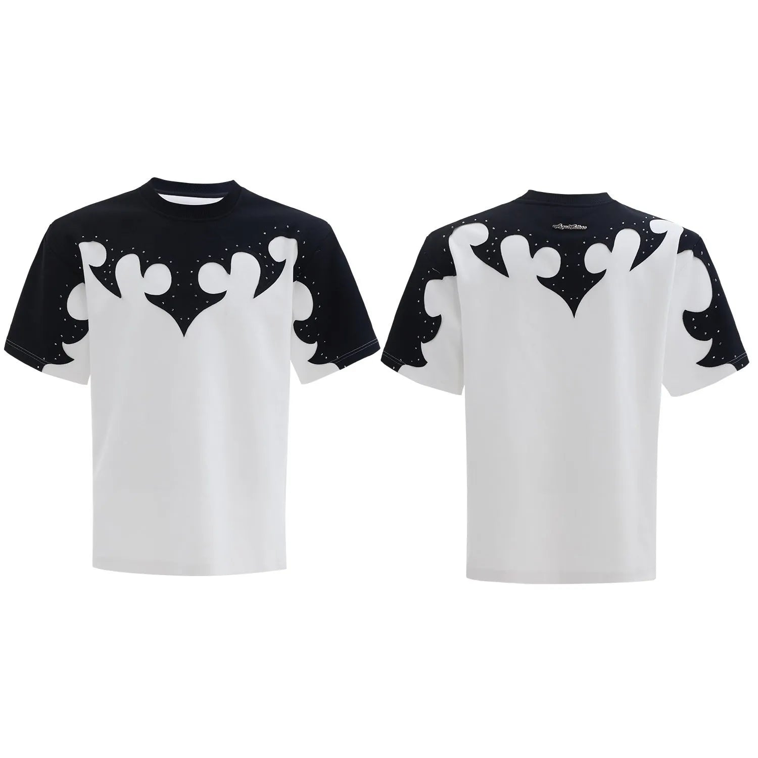 Men's grey loose fit cotton shirt with burnt flower stitching and rhinestone details on the front.