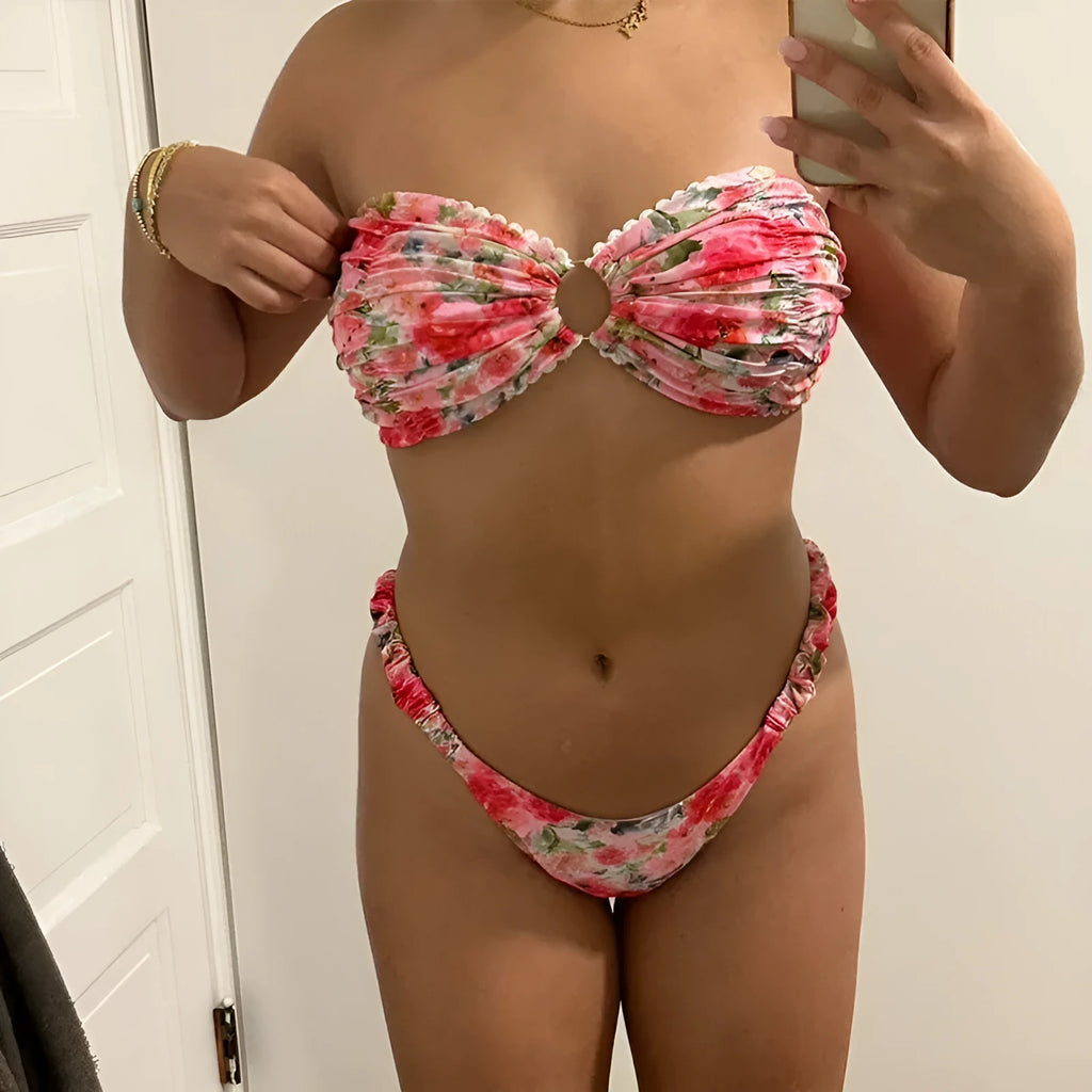 Colourful floral print European and American style bikini tube top with lace trim and matching shorts