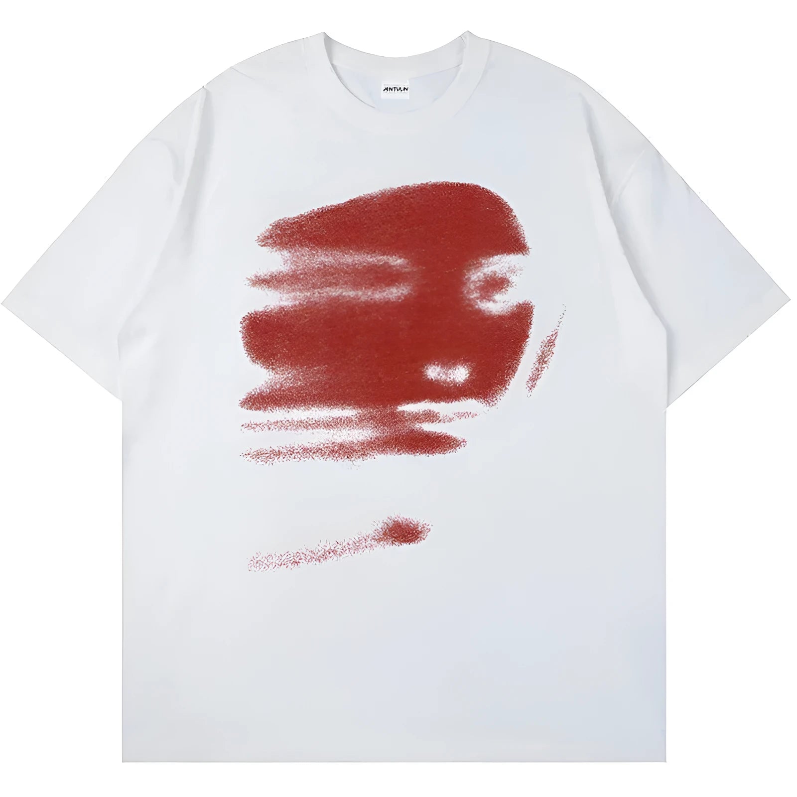 A white cotton short sleeve T-shirt with a round neck on a hanger.