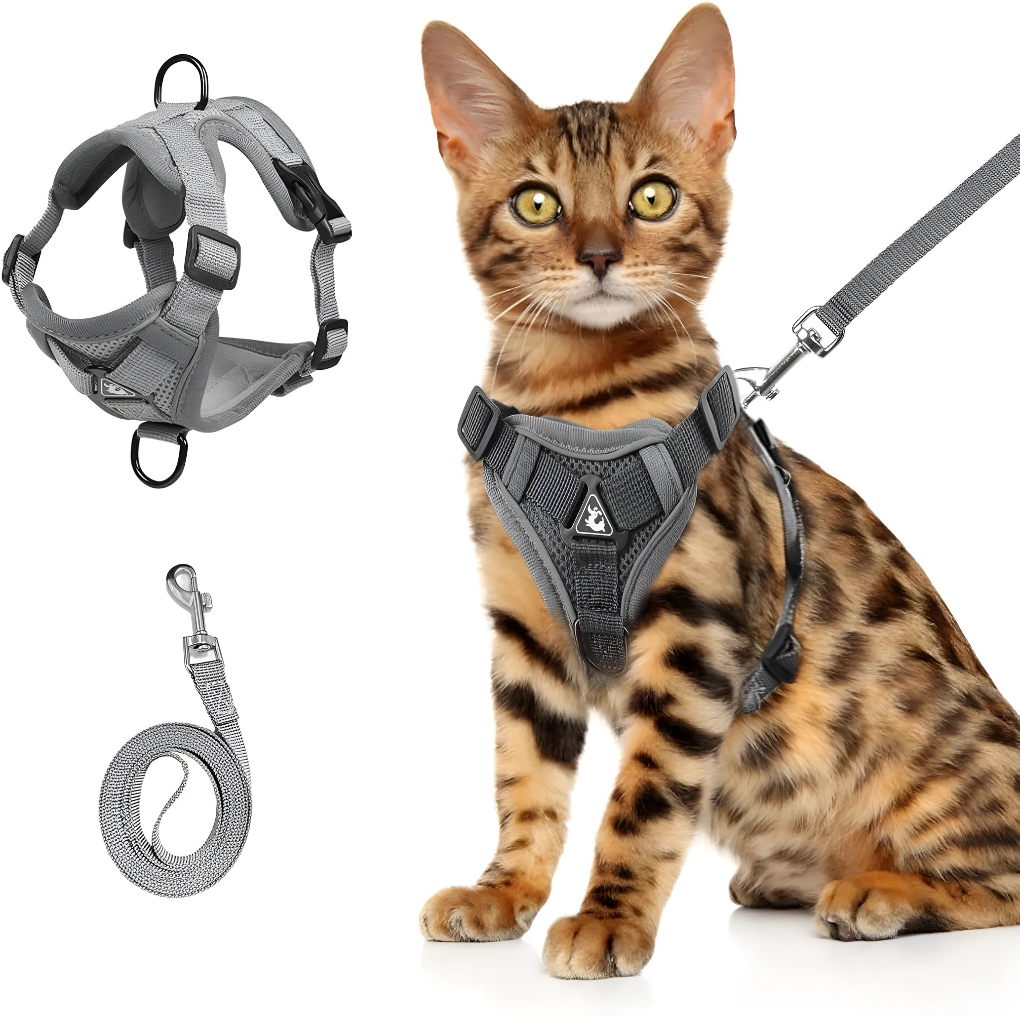 Grey adjustable cat chest harness and leash made from soft mesh with reflective strips.