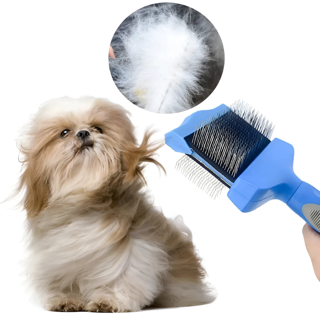 Double-sided pet brush with stainless steel pins showing blue colour and ergonomic handle