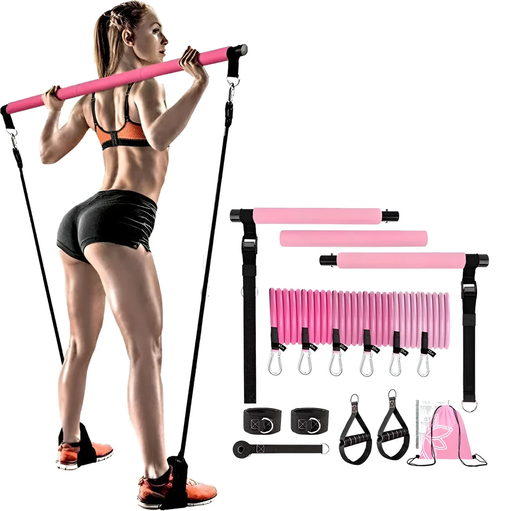 Women's TPE fitness stick 11-piece set showing pink, purple, and black resistance sticks from 60lb to 180lb