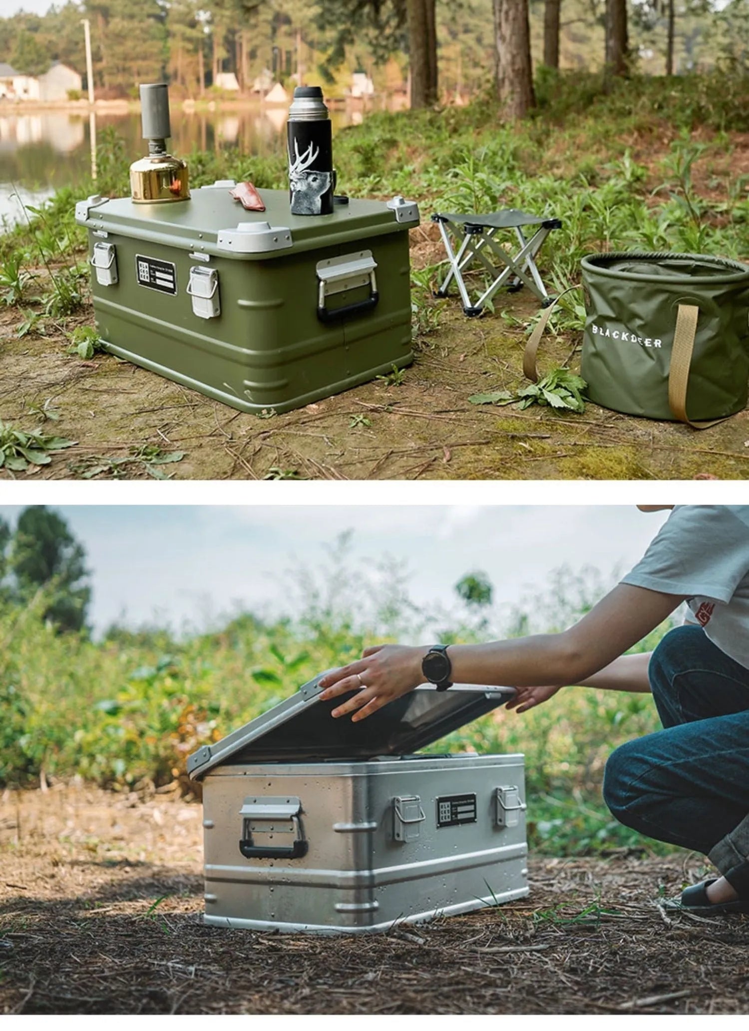 Field Green aluminium alloy outdoor storage box with dimensions 58x38x28cm for camping equipment