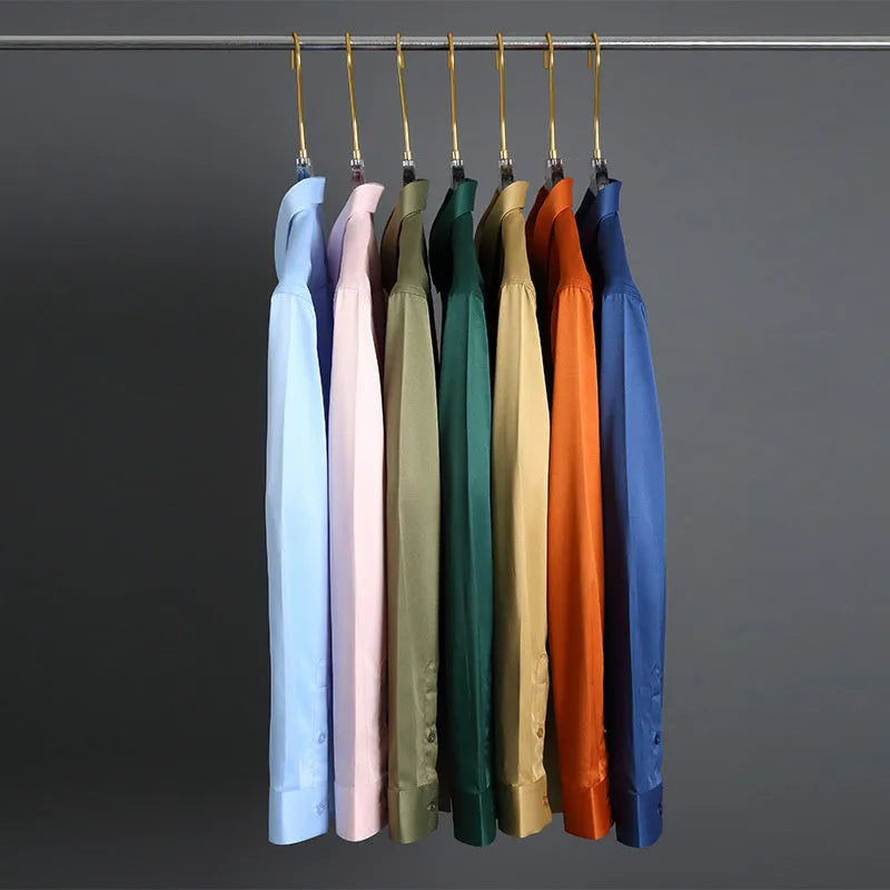Men's solid colour long-sleeved shirt in elastic silk polyester fabric with non-ironing properties
