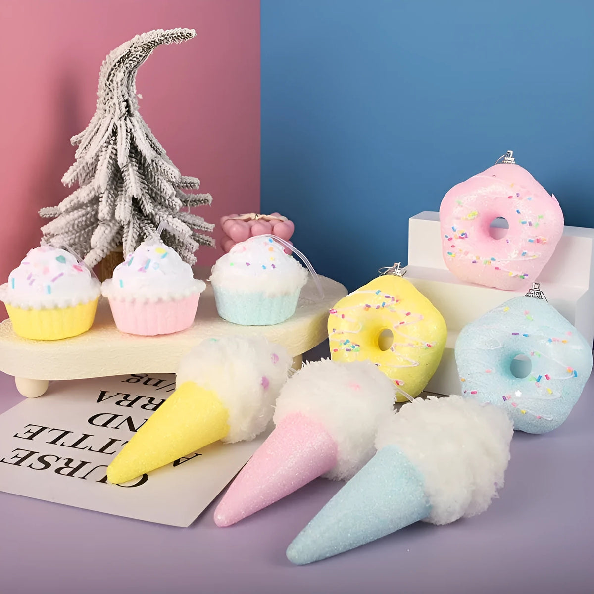 Foam Christmas macaron pendant in Donut, Ice Cream, or Small Cake style, Blue Pink or Yellow, Korean style hanging decoration