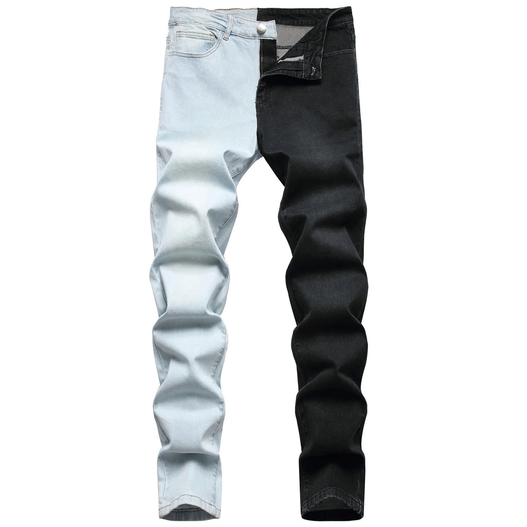 Men's two-colour fashion stitching stretch jeans in light blue and black, 95% cotton denim slim fit