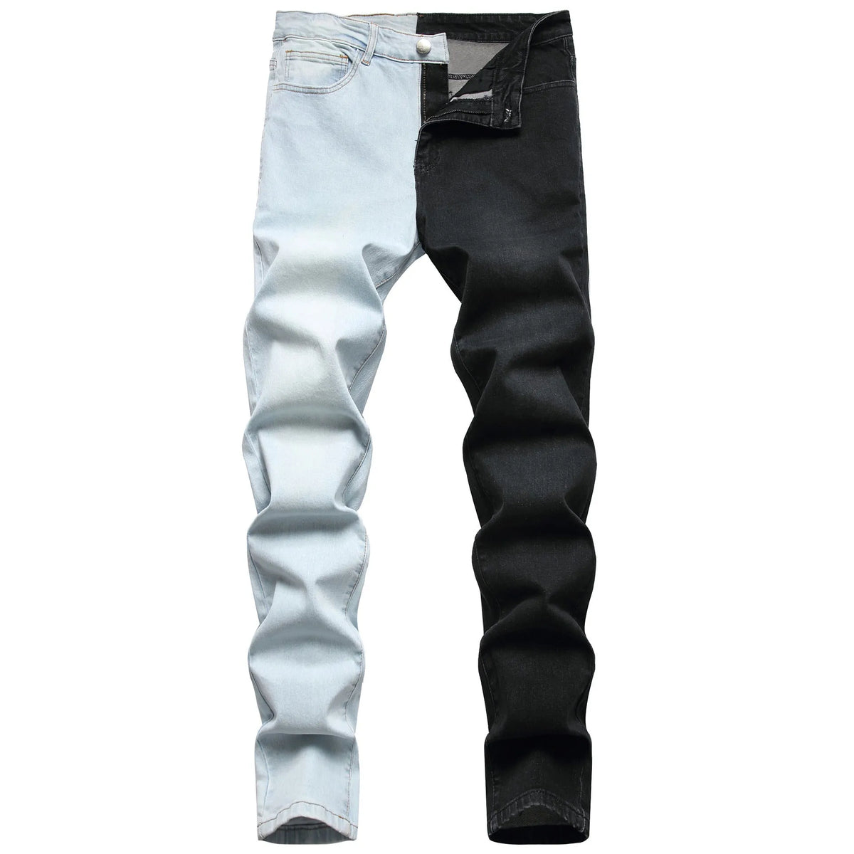 Men's two-colour fashion stitching stretch jeans in light blue and black, 95% cotton denim slim fit
