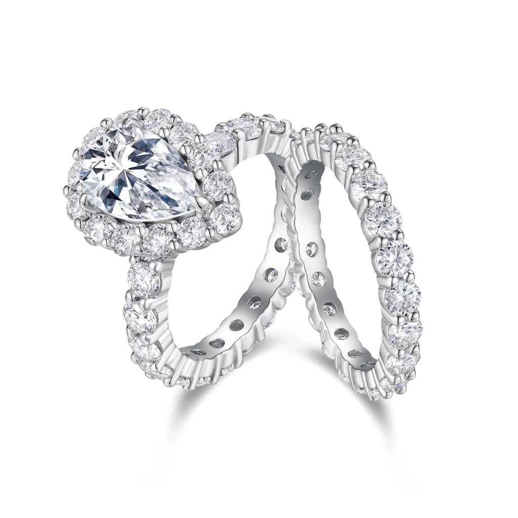 Love ring with pear-shaped moissanite on S925 silver band platinum-plated finish sizes 5 to 9