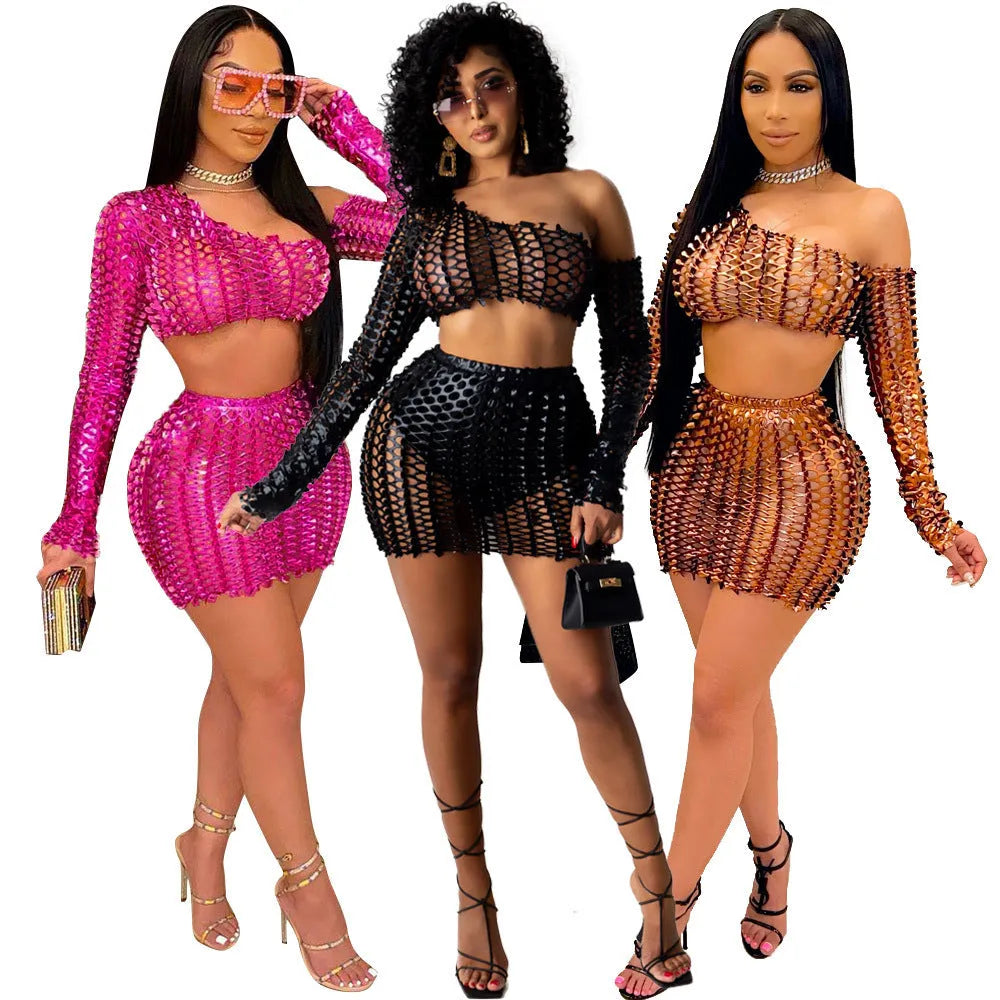 Women's hollow-out net hole two-piece dress set in polyester fabric