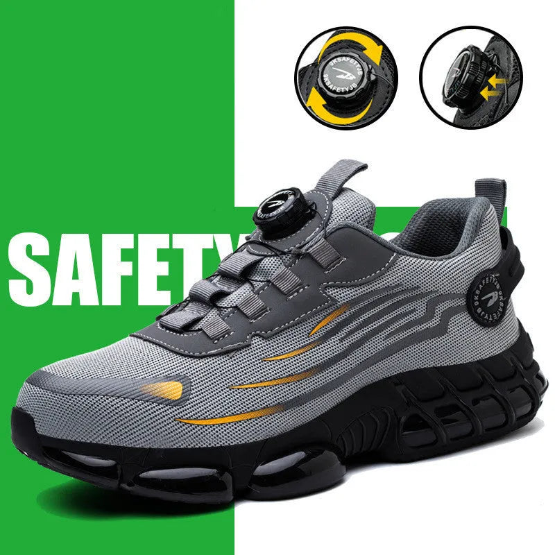 Men's lace-free safety shoes with steel toe cap, fly woven mesh upper, PU sole, low top, in black, blue, or grey