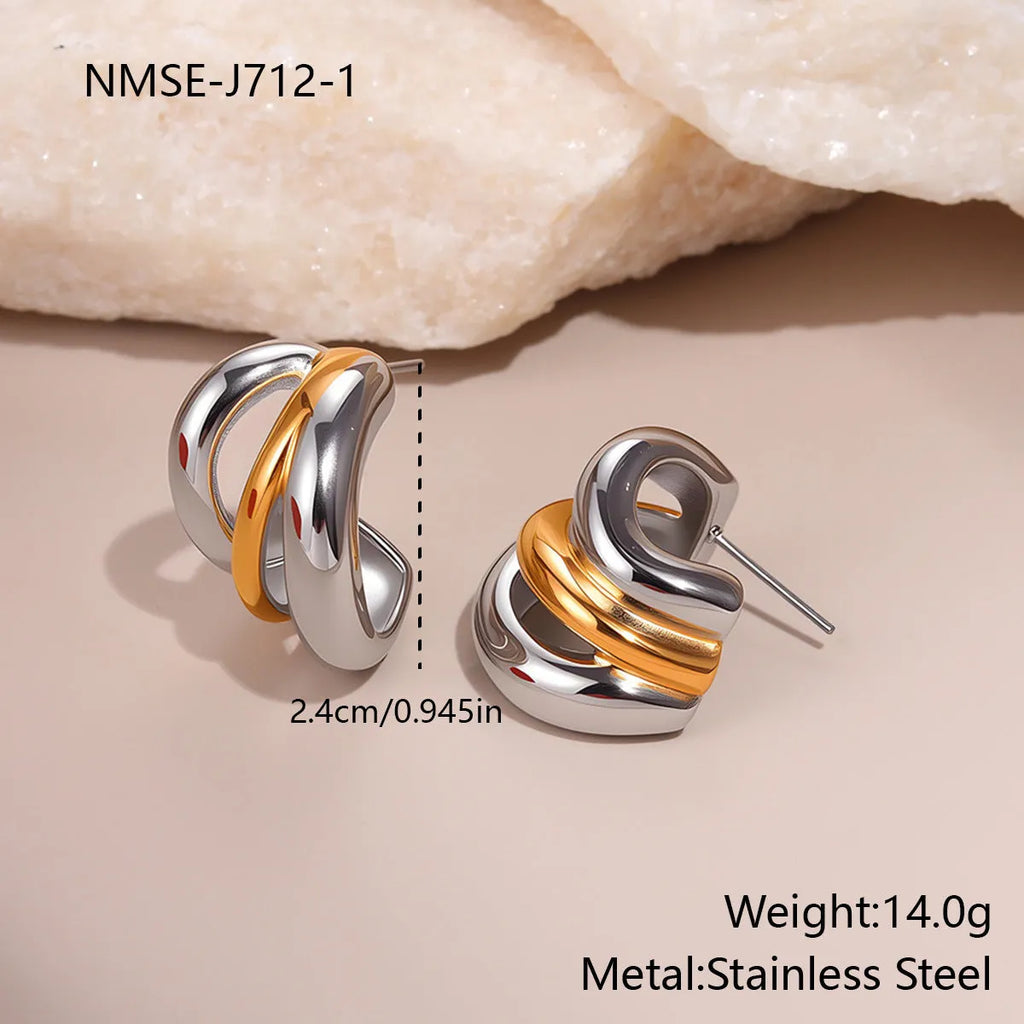 Stainless steel geometric earrings for women with 18K electroplated gold and silver colour matching round ring line design