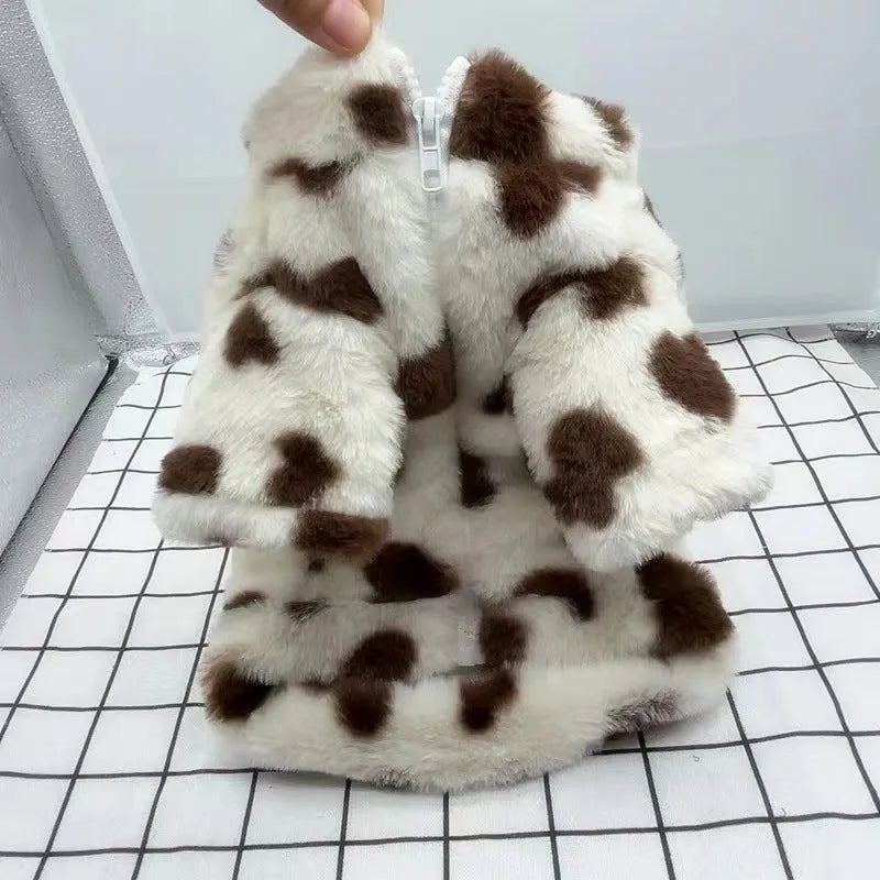 Small dog wearing pink polyester plush warm coat with British-style design