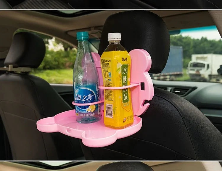 Children's car seat table tray in black, 20x23.5cm, with one-button switch and side hooks for rubbish