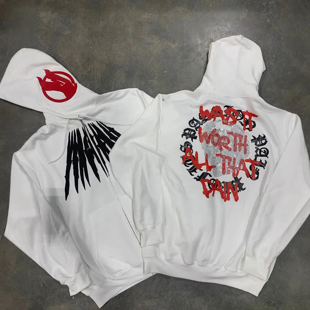 Black hooded sweatshirt with white skull print and rhinestone details in loose cardigan style
