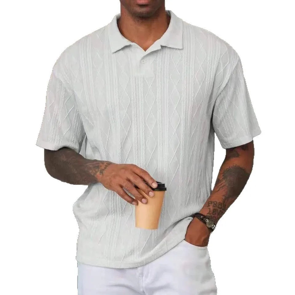 Retro button lapel short sleeve t-shirt in a cotton blend fabric, shown in a solid colour with a slit detail.