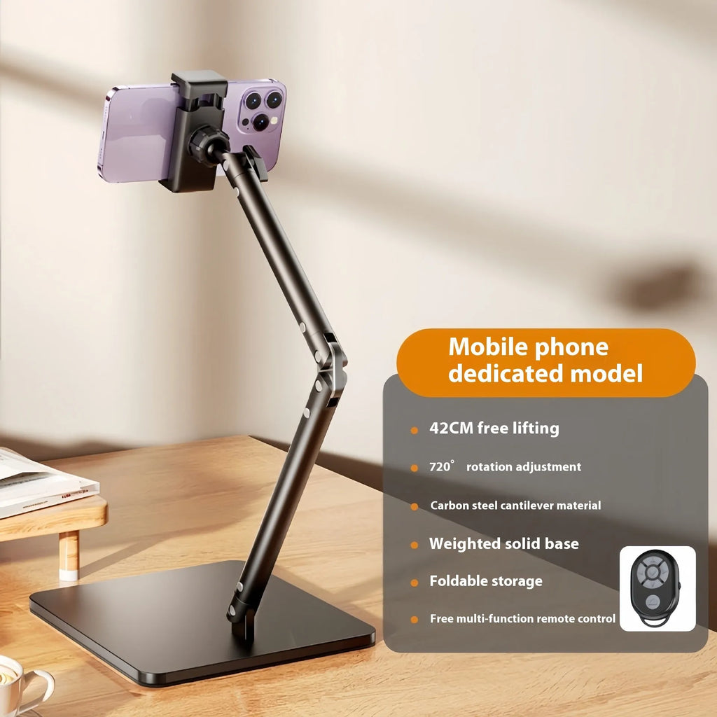 Alloy mobile phone desktop bracket with adjustable arms and remote control for live streaming