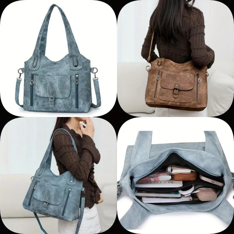 Soft synthetic leather handbag with metal accent in vintage style, colour example shown