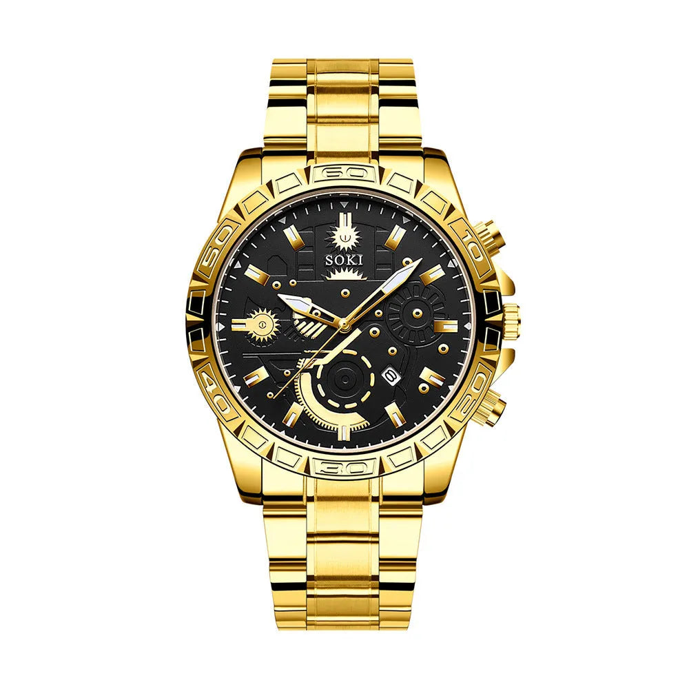 Men's gold-coloured stainless steel business quartz watch showing date window on dial.