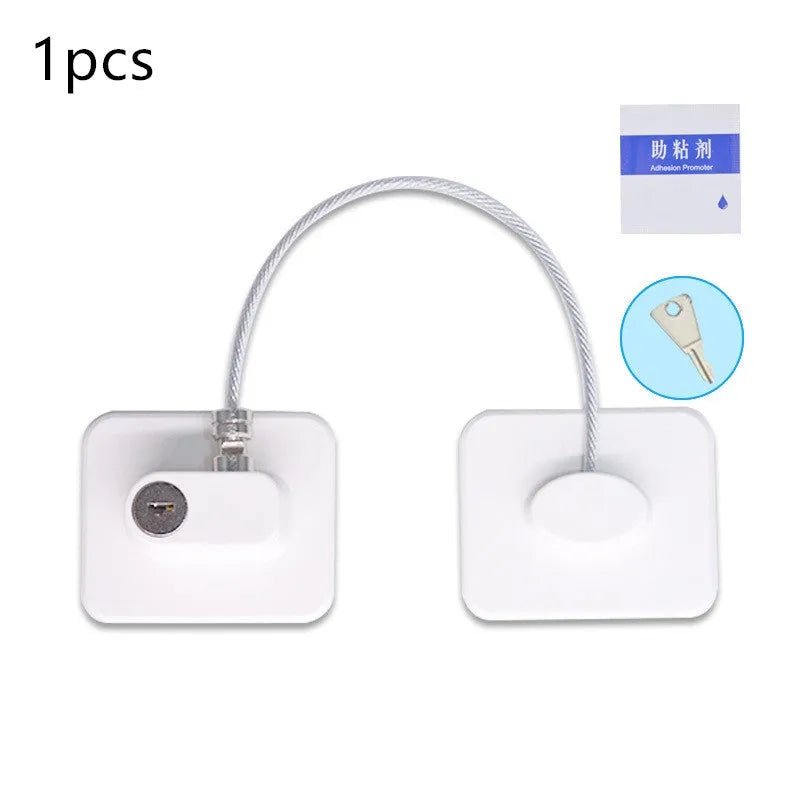 White window security chain lock with 18cm steel cable and locking head on a window frame