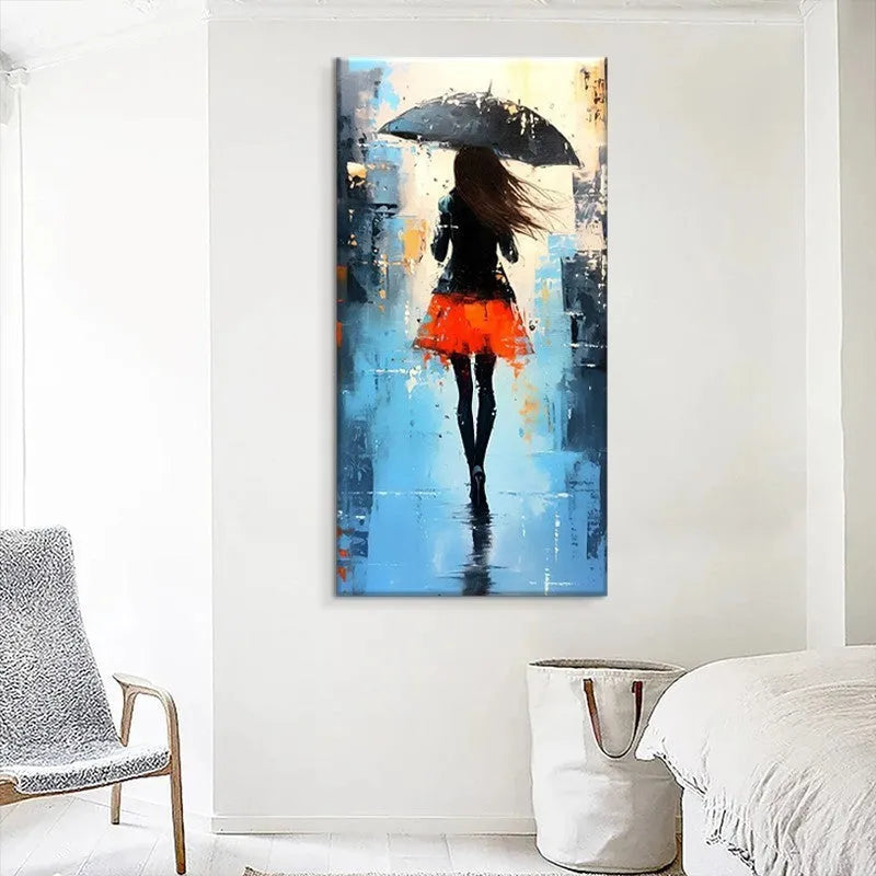Hand painted modern abstract oil painting of people walking in the rain on canvas, vertical orientation, no frame, for living room decoration.