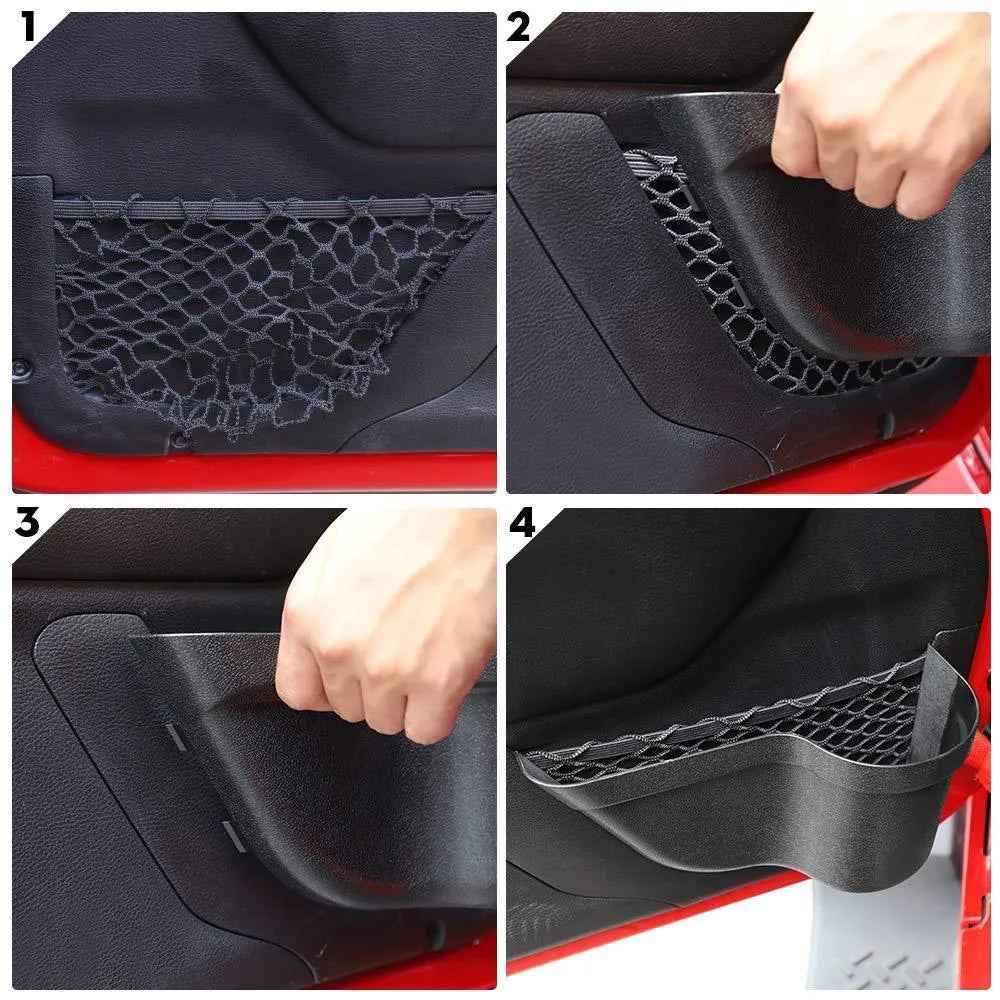 Black aluminium alloy car interior net pocket storage box organiser for vehicle cabins