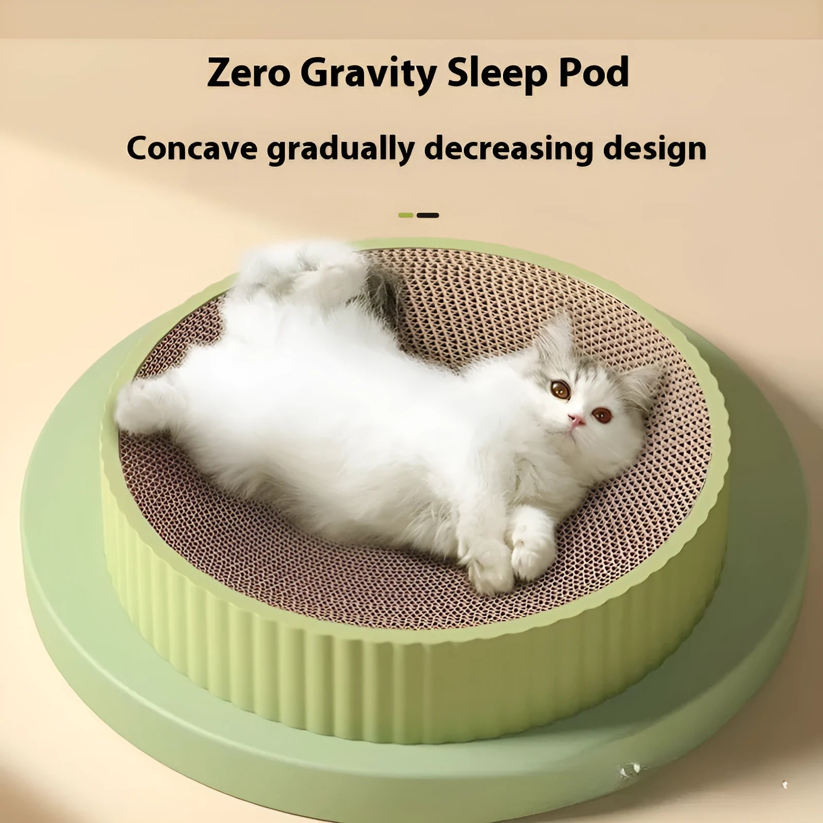 Round green cat scratching board with corrugated cardboard centre and two white replacement refills