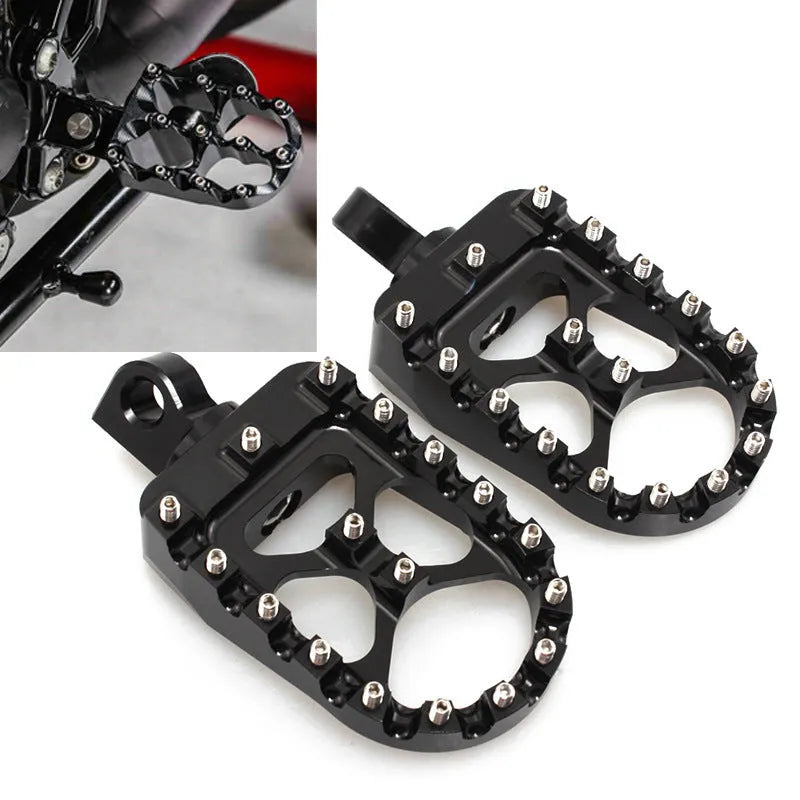 Modified screw anti-skid foot pegs anodised aluminium alloy MX style wide platform 120x57.5mm red black silver