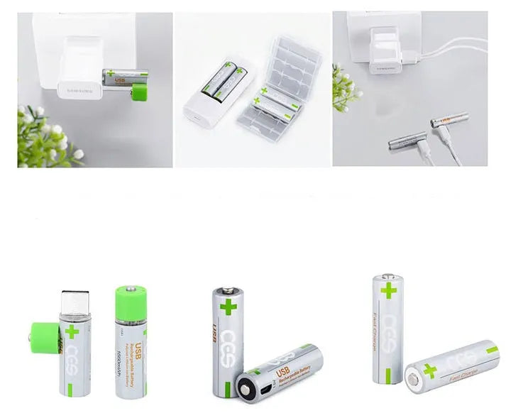 Ces USB fast charge lithium AA battery with silver-green casing, 1.5V constant voltage, 1665mWh capacity, and integrated USB charging port