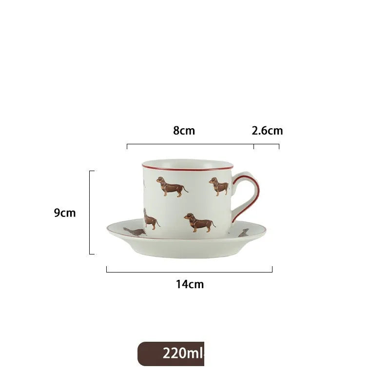Ceramic pastoral sausage dog tea set with teapot mug and cup on saucer