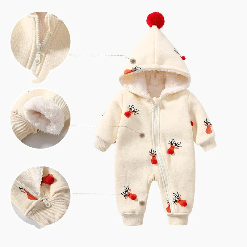 Khaki baby crawling suit with Christmas moose pattern, padded cotton construction, long sleeves