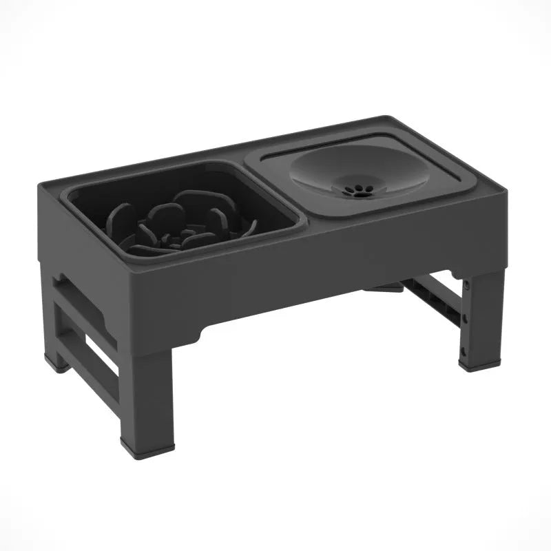Black adjustable-height dog feeding stand with two stainless steel bowls on a non-slip base