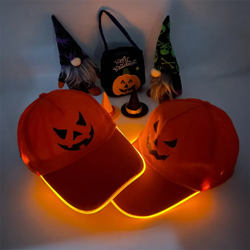 LED illuminated baseball cap for Halloween with pumpkin smile yellow light pattern