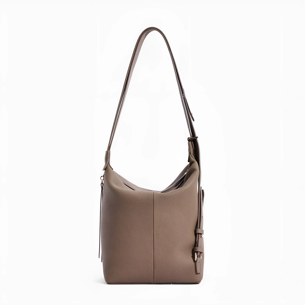 Women's soft genuine leather bucket bag in elephant gray colour showing large capacity design